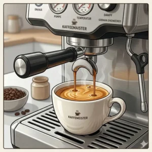 A close-up shot of rich, golden crema flowing from the spout of a german espresso maker into a ceramic mug.