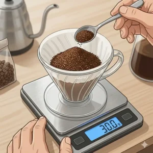 Coffee grounds on a digital scale to ensure the best grind for pour over coffee ratio.