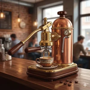 A classic Italian vintage design of the best lever espresso machine made of polished copper and brass.