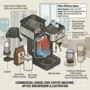 A large capacity 220v coffee maker placed in an office breakroom for high-volume daily brewing.
