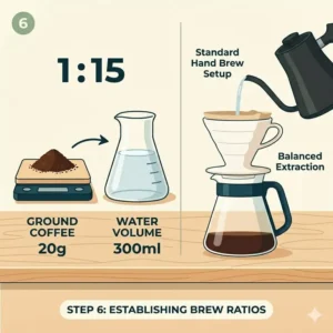 An easy-to-follow chart explaining the ideal water to bean ratio for hand brew coffee.