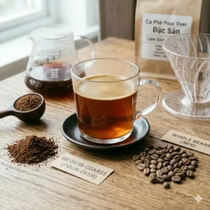 A clear glass mug of finished coffee brewed from the best pour over coffee beans.
