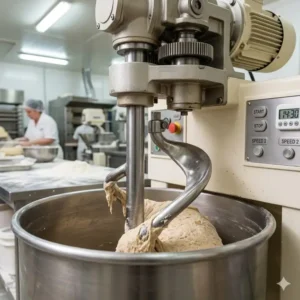 Large-capacity commercial automatic dough mixer for high-volume bread production in a bakery.