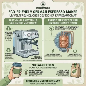 An illustration highlighting the energy-efficient heating element and sustainable materials used in a german espresso maker.