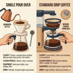 An infographic chart comparing single pour over coffee with standard drip coffee methods.