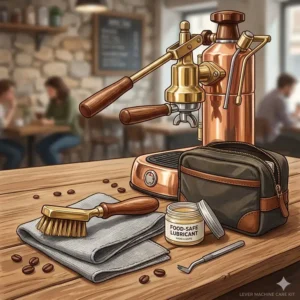 Cleaning supplies and a group head brush laid out for maintaining the best lever espresso machine.