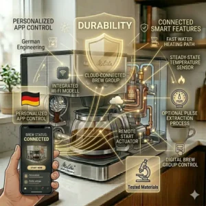 A digital illustration of a smartphone app controlling the modern smart features of coffee makers made in germany.