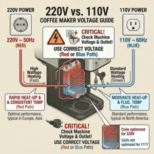Infographic comparing the voltage efficiency and heating speed of a 220v coffee maker versus 110v models.