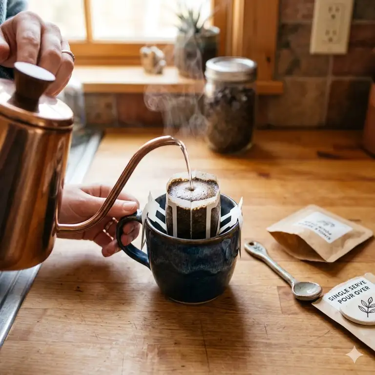 A steaming cup of single serve pour over coffee being brewed on a wooden kitchen counter with a gooseneck kettle.