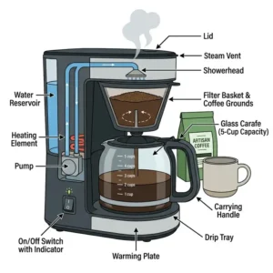 Labeled diagram showing the carafe, filter basket, and water reservoir of a 5 cup coffee machine.