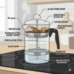 Labeled diagram showing the parts of a glass coffee percolator including the basket, stem, and lid knob.