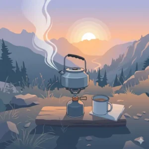 An infographic chart illustrating the differences between aluminum, steel, and titanium versions of a camping kettle.