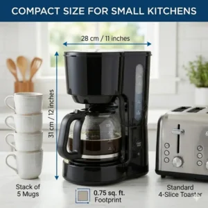 A compact 5 cup coffee maker showing its small footprint next to a kitchen toaster.