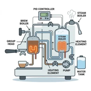 A simplified diagram showing the separate brew and steam boilers inside a dual boiler espresso machine.