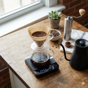 A stainless steel gooseneck kettle used as one of the precision pour over coffee accessories.