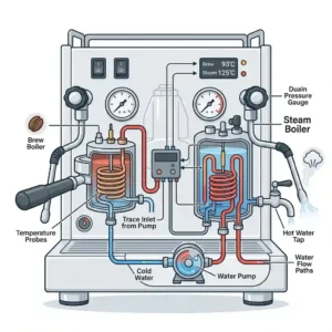 A detailed technical diagram showing the separate internal brew boiler and steam boiler components of a dual boiler espresso maker.