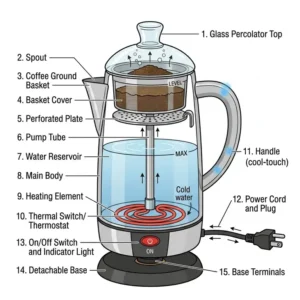 A labeled diagram showing the internal parts of a coffee percolator electric including the pump tube and basket.