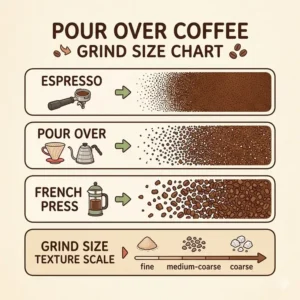 A detailed visual comparison chart of various coffee textures including the specific pour over coffee grind.