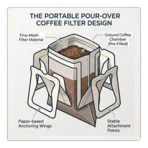 An illustration showing the anatomical design of a portable single serve pour over coffee filter with sturdy paper anchors.