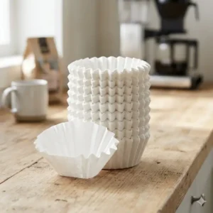 A stack of white fluted basket coffee pot filters on a wooden kitchen counter.