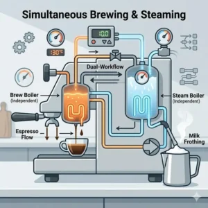 An illustration showing a dual boiler espresso machine simultaneously pulling a shot and steaming milk.