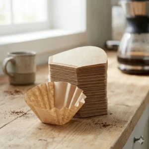 Unbleached brown cone-shaped coffee pot filters for manual pour-over and drip machines.