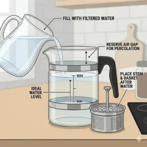 Illustration demonstrating the correct water-to-coffee ratio levels inside a stovetop glass coffee percolator pot.