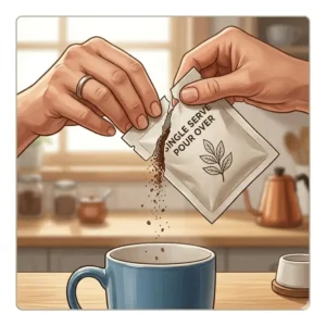 A close-up illustration of hands tearing open a pre-filled single serve pour over coffee packet.