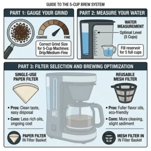 Step-by-step graphic illustrating how to add water and grounds to a 5 cup coffee machine.