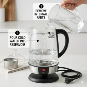 A step by step instruction graphic showing cold water being poured into a coffee percolator electric reservoir.