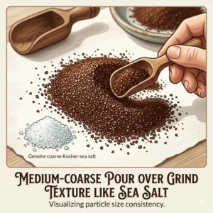 A macro view showing the sea salt texture required for a medium-coarse pour over coffee grind.