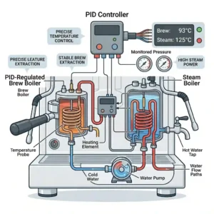 Close-up detail of the PID controller display highlighting the precise temperature management of a dual boiler espresso maker.