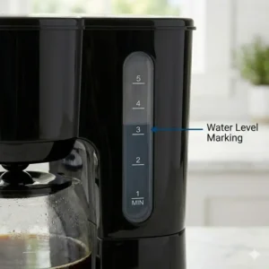Close-up of the transparent water level window on a modern 5 cup coffee maker.