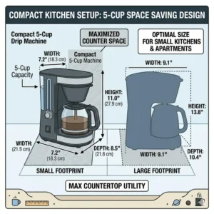 Comparison chart showing the footprint of a 5 cup coffee machine versus a standard 12 cup model.