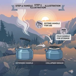A close-up graphic showing the precise pour from the spout of a modern camping kettle.