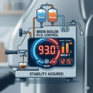 Digital display showing precise PID temperature stability on a dual boiler espresso machine.