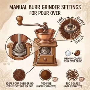 An infographic explaining how to adjust a manual grinder to achieve the correct pour over coffee grind.
