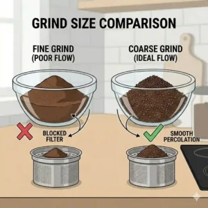 Visual guide comparing different grind sizes, highlighting the coarse texture needed for a glass coffee percolator.