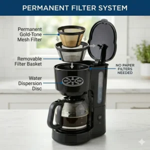 The reusable permanent filter basket being removed from a 5 cup coffee maker.