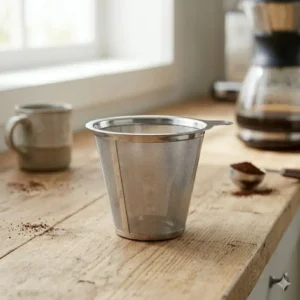 A permanent stainless steel mesh reusable option compared to traditional paper coffee pot filters.