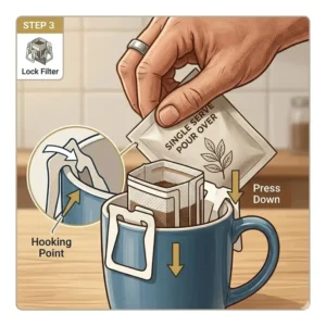 A diagram illustrating how to properly secure the disposable single serve pour over coffee filter onto the rim of a ceramic mug.