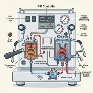 An operator pulls an espresso shot and foams milk simultaneously using the dedicated systems of a dual boiler espresso maker.