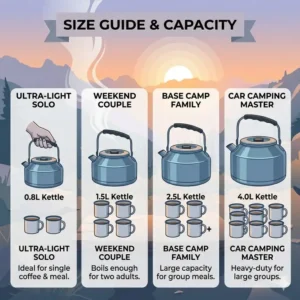 An illustration demonstrating how the handle of a camping kettle can be folded for storage.