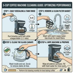 Illustration demonstrating the process of descaling and cleaning a 5 cup coffee machine.