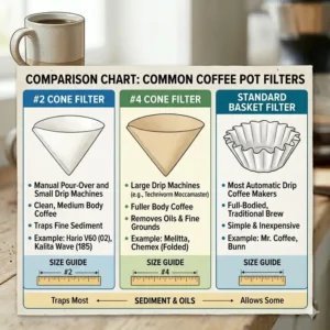 An educational size chart comparing different types of coffee pot filters including cone and basket styles.