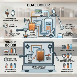 Illustration comparing the boiler capacity of a dual boiler espresso machine versus a single boiler model.