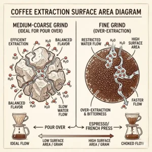 A scientific diagram illustrating how water interacts with the surface area of a pour over coffee grind.