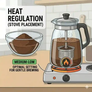 An illustration showing a glass coffee percolator on a gas stove burner set to medium-low heat.