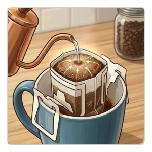 An illustration of the crucial blooming stage where hot water hits the grounds in a single serve pour over coffee filter.