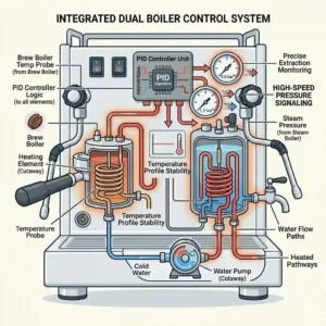 High-pressure dry steam emitting powerfully from the steam wand of a dual boiler espresso maker, perfect for latte art.